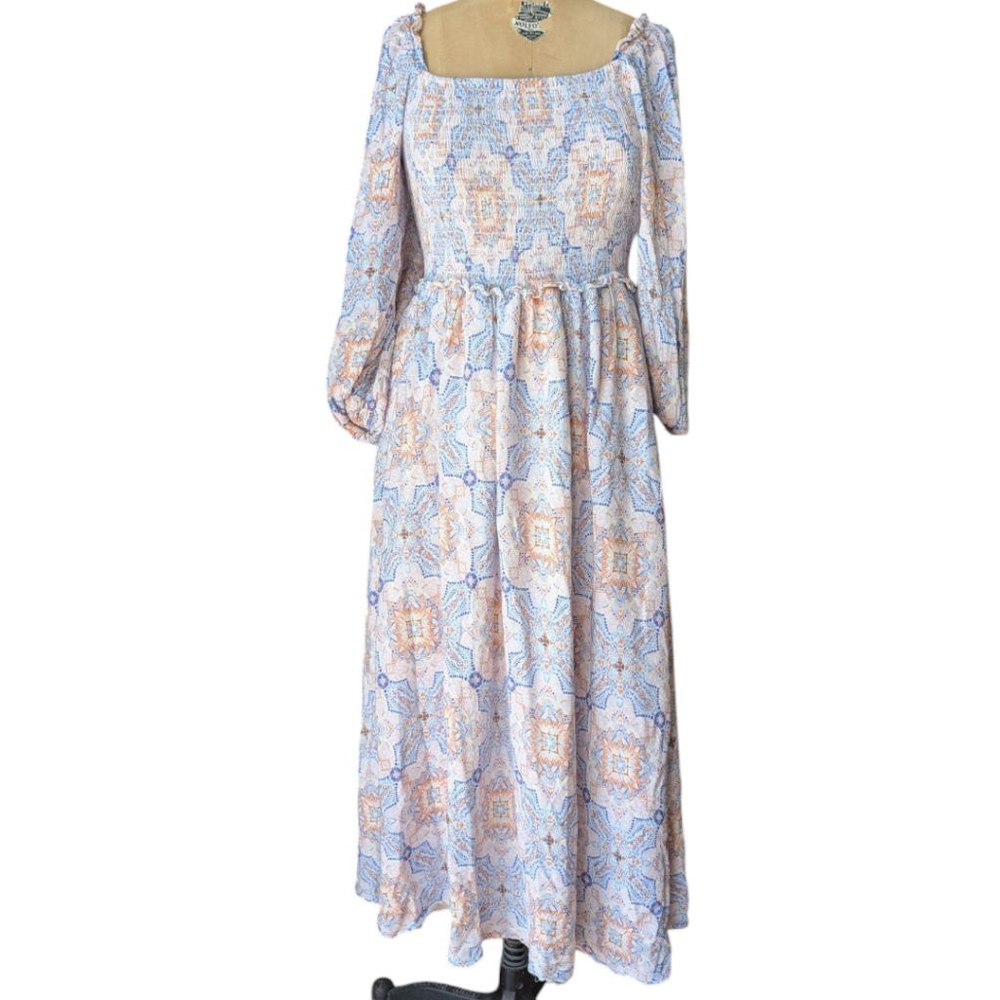 Blue Orange White‎ Tile Print Smocked Maxi Dress Square Neck Boho Cottagecore L